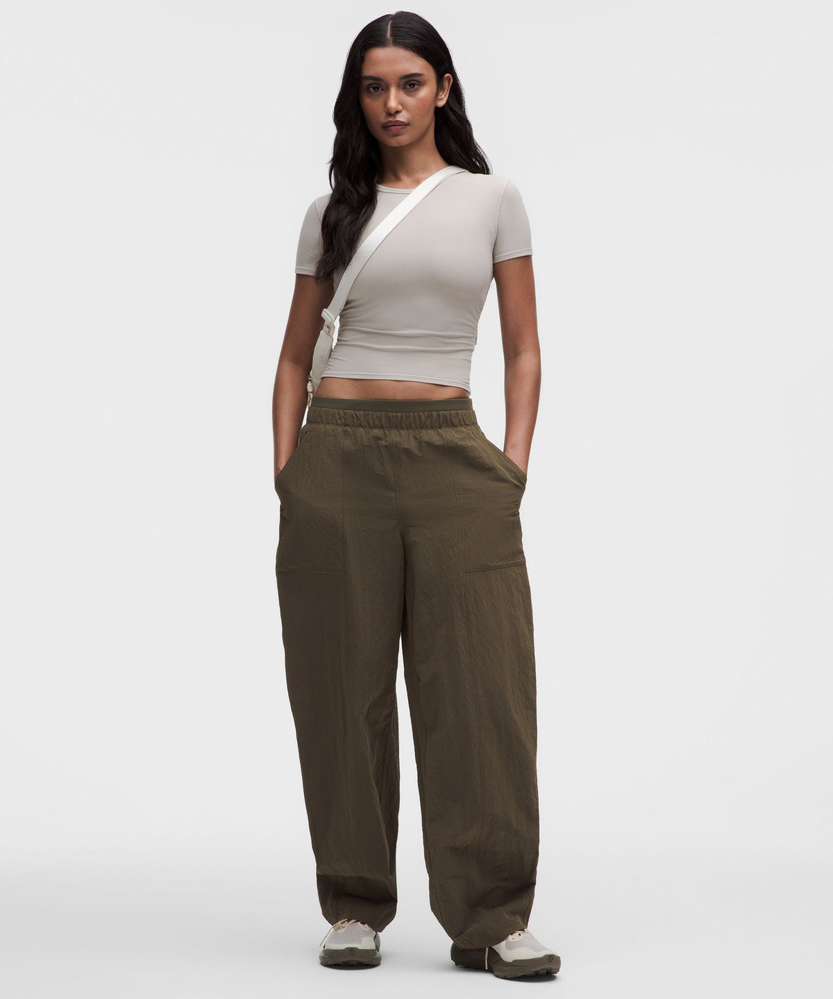 Crinkle Nylon Mid-Rise Barrel-Leg Pant